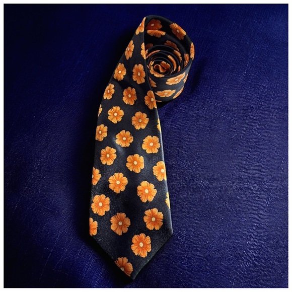 Bijan Black Silk Floral Tie - Orange Daisy Print | Statement Luxury Neckwear - Picture 11 of 15